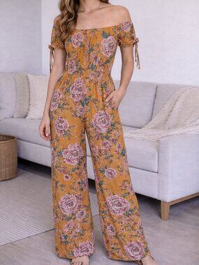 $90 Band of Gypsies Mustard Floral Maxi Jumpsuit Size Large Boho Off Shoulder